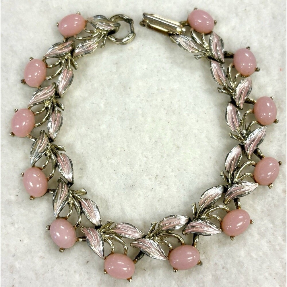 Vintage Judy Lee Pink Lucite Cabochon Enamel Leaf Link Bracelet 7.5” Signed MCM